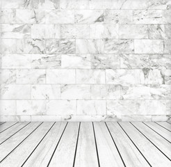 Backdrop stone wall (marble) and wood slabs in perspective.