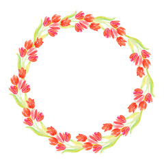 Vector watercolor tulips, wreath border for Easter card.