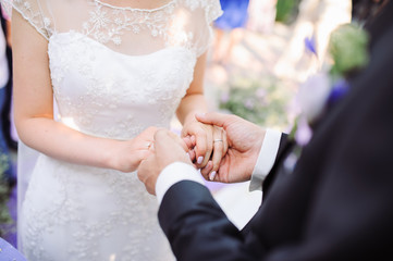 Bride and groom's hands with wedding rings.
