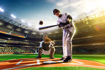 Professional baseball players on  grand arena - obrazy, fototapety, plakaty