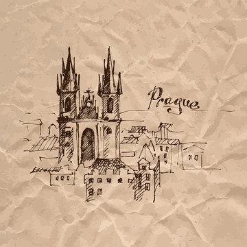 Hand drawn Prague. Sketch on crumpled kraft paper.