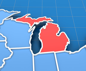3d render of USA map with Michigan state highlighted