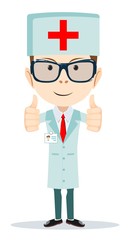 Cartoon doctor showing everything is OK, vector illustration