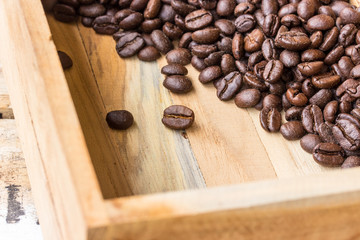 Coffee beans in a wooden box