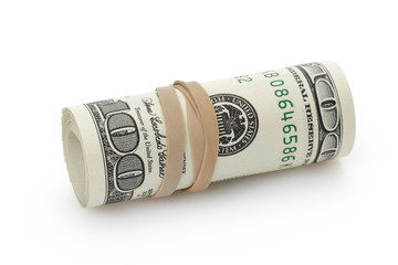 rolled hundred dollar banknotes tied with rubberband