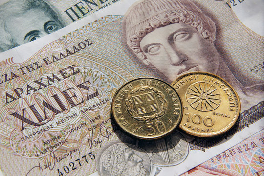 old greek drachmes bankotes and coins