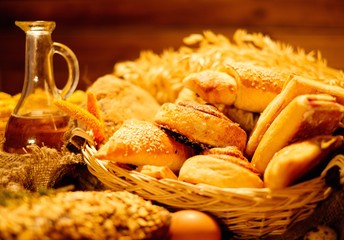 Basket with homemade baked goods on a table
