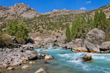 Beautiful stormy turquoise mountain river