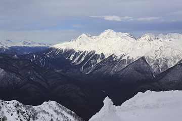 Beautiful snow-capped peaks of the Caucasus Mountains.