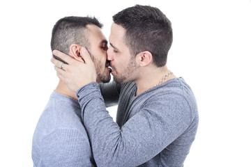 A homosexual couple over a white background