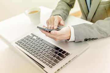 business, technology and internet concept - close up of man hand