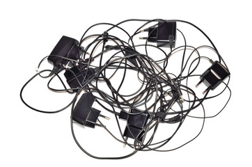 A bunch of cables for charging mobile devices