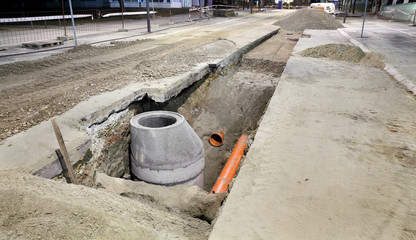 Hydro construction work, reconstruction of sewerage, night photo