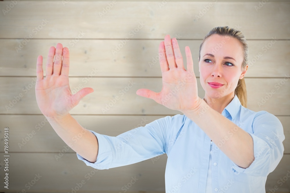 Poster composite image of smiling blonde making a hand gesture