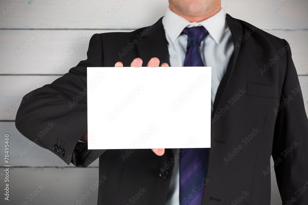 Poster composite image of businessman showing card