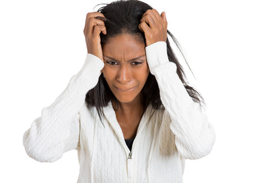 Closeup portrait stressed woman with headache holding head