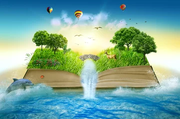 Poster de jardin Nature Illustration magic opened book covered grass trees waterfall