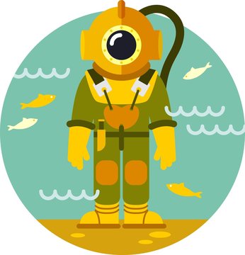 Diver In Old Diving Suit On Underwater Background