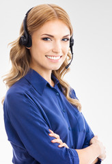 Support phone operator in headset, on grey