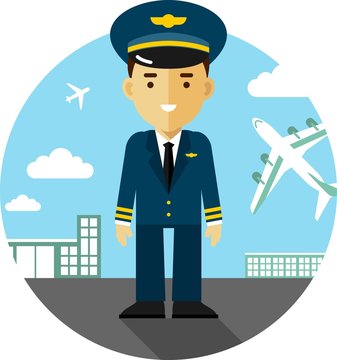 Pilot on airport background in flat style
