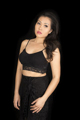 Fototapeta premium Asian woman black dress arms down look side
