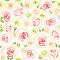 Seamless pattern with pink and white roses. Vector illustration.