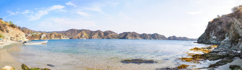 Huge Panoramic View of Taganga Mountains and Sea at Colombia. Tr