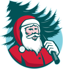 Santa Claus Carrying Christmas Tree Retro