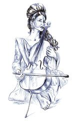 Cello player. Freehand sketch. Full sized, orignal.