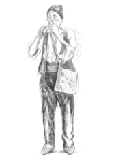 Flute player. An hand drawn full sized illustration, original.