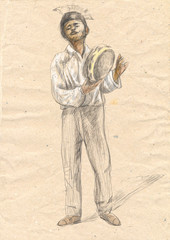Fototapeta na wymiar Tambourine player. An hand drawn full sized illustration, origin