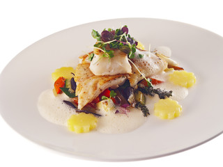 fried fish with mediterranean vegetables & potatoes