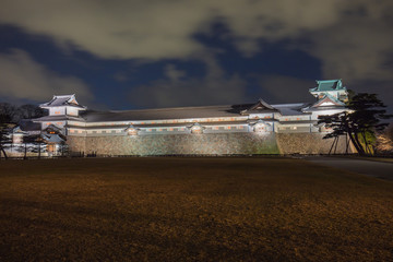 Kanazawa castle at night in Kanazawa, Japan.