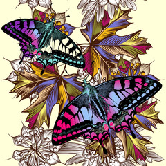 Floral seamless pattern with colorful butterflies and foliage