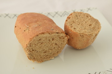A slice of bread on a chopping board.