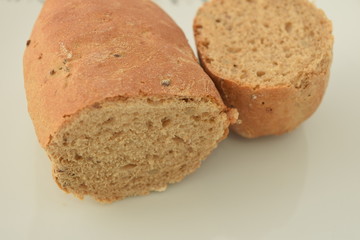 A slice of bread on a chopping board.