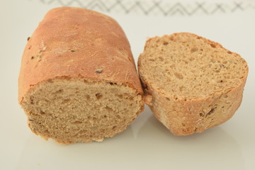 A slice of bread on a chopping board.