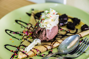 Chocolate pancakes with banana