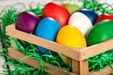 Colored Easter eggs in a wooden basket