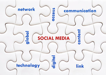 Social media words on white jigsaw puzzle background