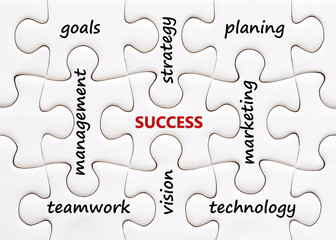 Words on jigsaw puzzle background, success in business concept