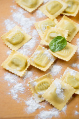 Fototapeta na wymiar Raw italian ravioli with ricotta cheese and spinach stuffing