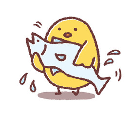 魚を抱えるヒヨコ © TAMAGO POTATO