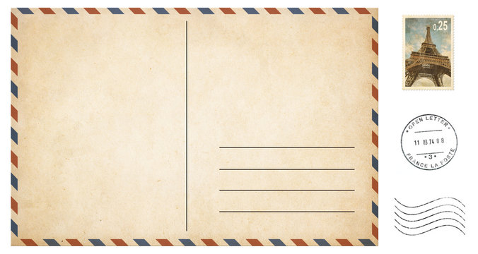 old blank postcard isolated on white with post stamps set