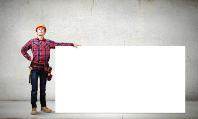 Man builder presenting something