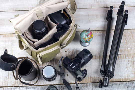 photographer camera bag and tripod