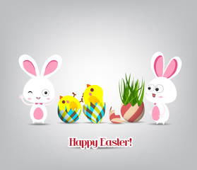 Easter eggs with grass grown from top and bunny