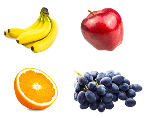 Fresh sliced orange fruit, Branch of blue grapes, Red apples and