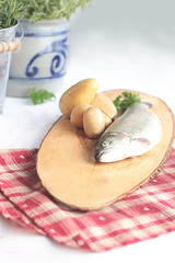 Rohe Forelle liegt zum kochen auf einem Brett in der Küche