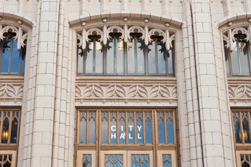 Details of entrance to neo-gothic Atlanta City hall, GA